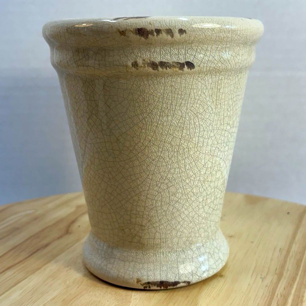 Crackle Glaze Ceramic Round Planter Pot 5.5 in Beige Glossy Crackle Pattern